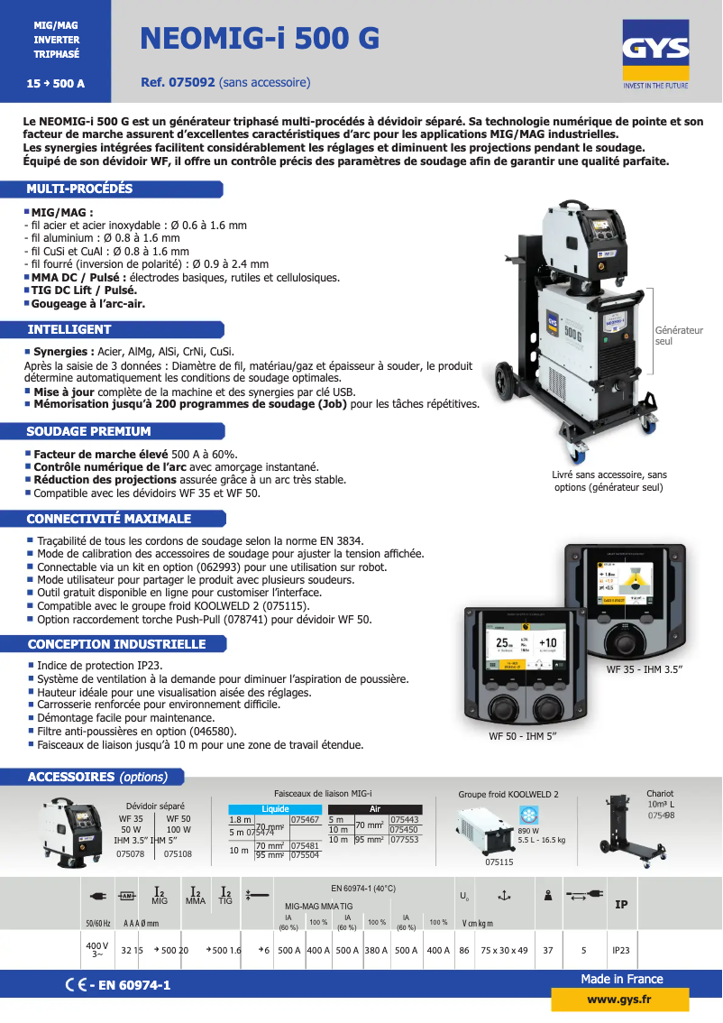 Página 1 del manual Ficha técnica GYS Neomig-i 500 G