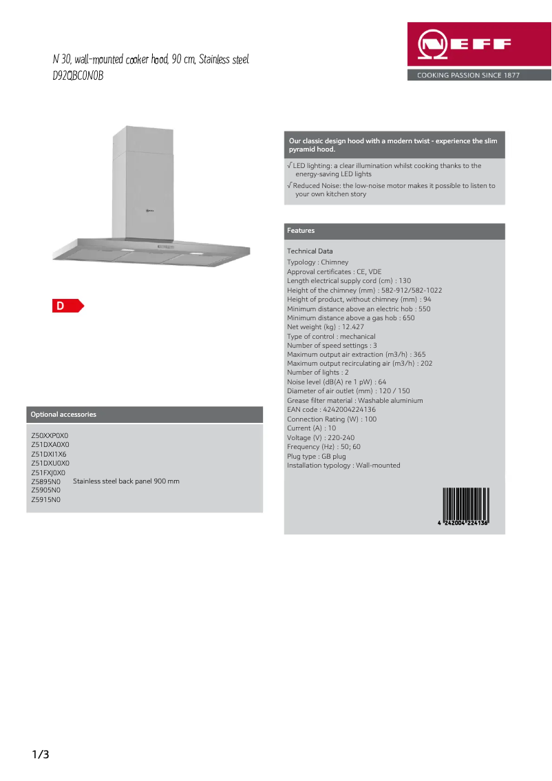 Página 1 del manual Ficha técnica Neff D92QBC0N0B