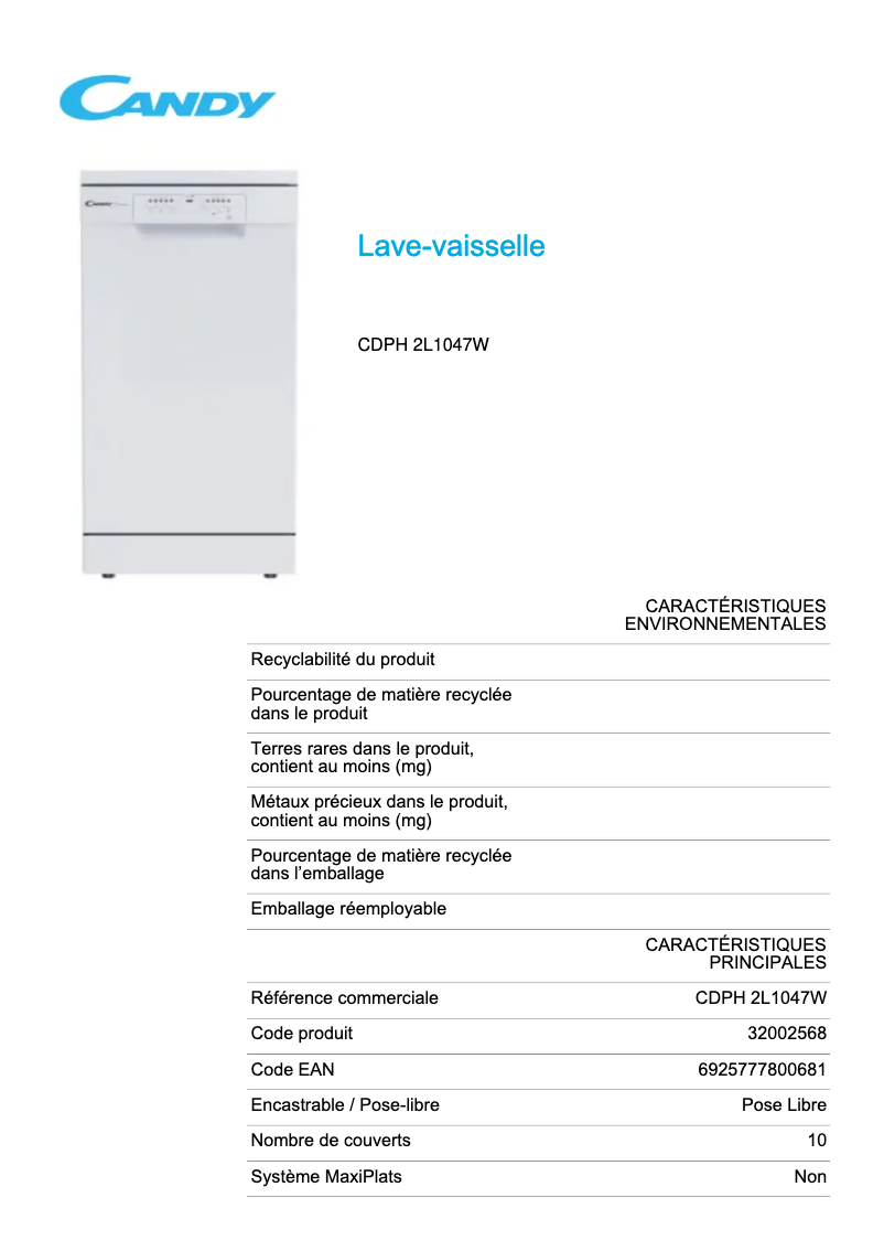 Página 1 del manual Ficha técnica Candy CDPH 2L1047W