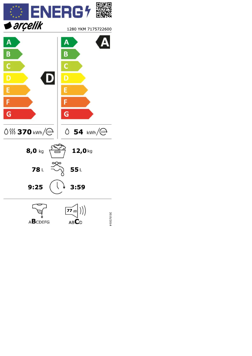 Página 1 del manual Etiqueta energética Arçelik 1280 YKM