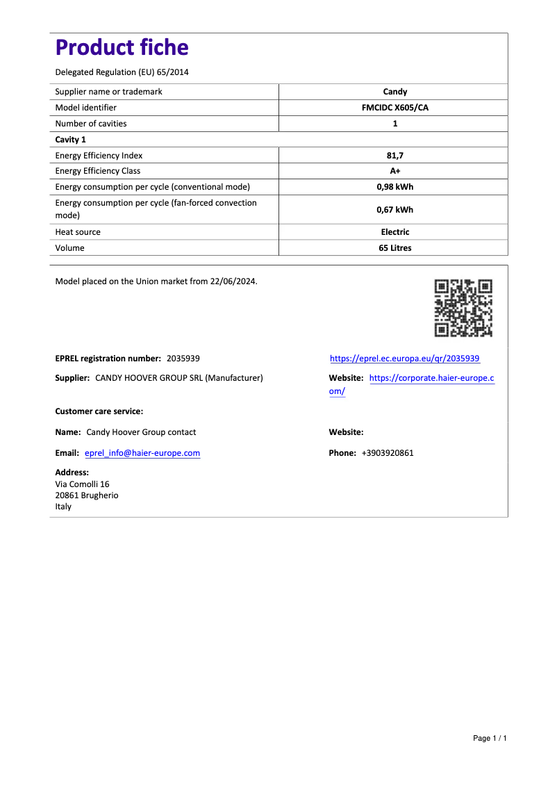 Página 1 del manual Ficha técnica Candy FMCIDC X605
