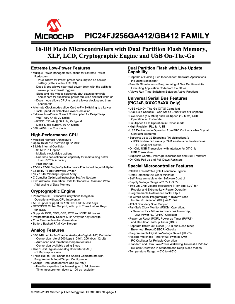 Imagen de la primera página del manual del dispositivo PIC24FJ64GB412