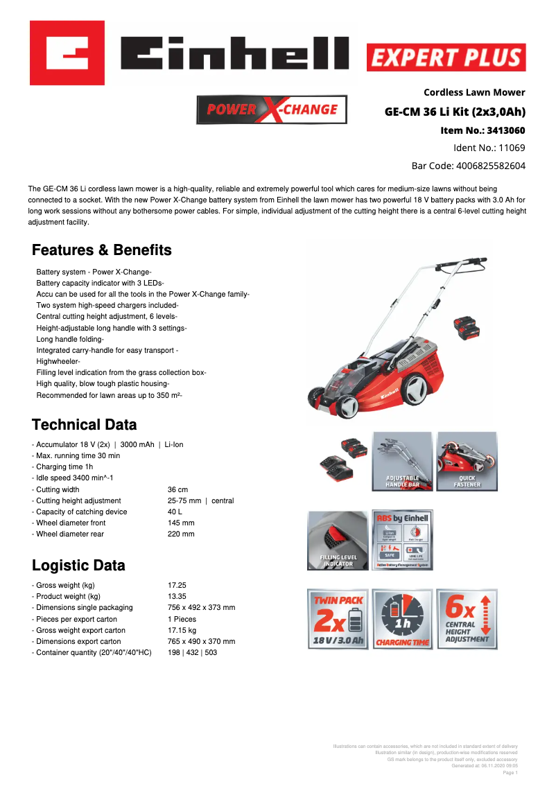 Página 1 del manual Ficha técnica Einhell GE-CM 36 Li