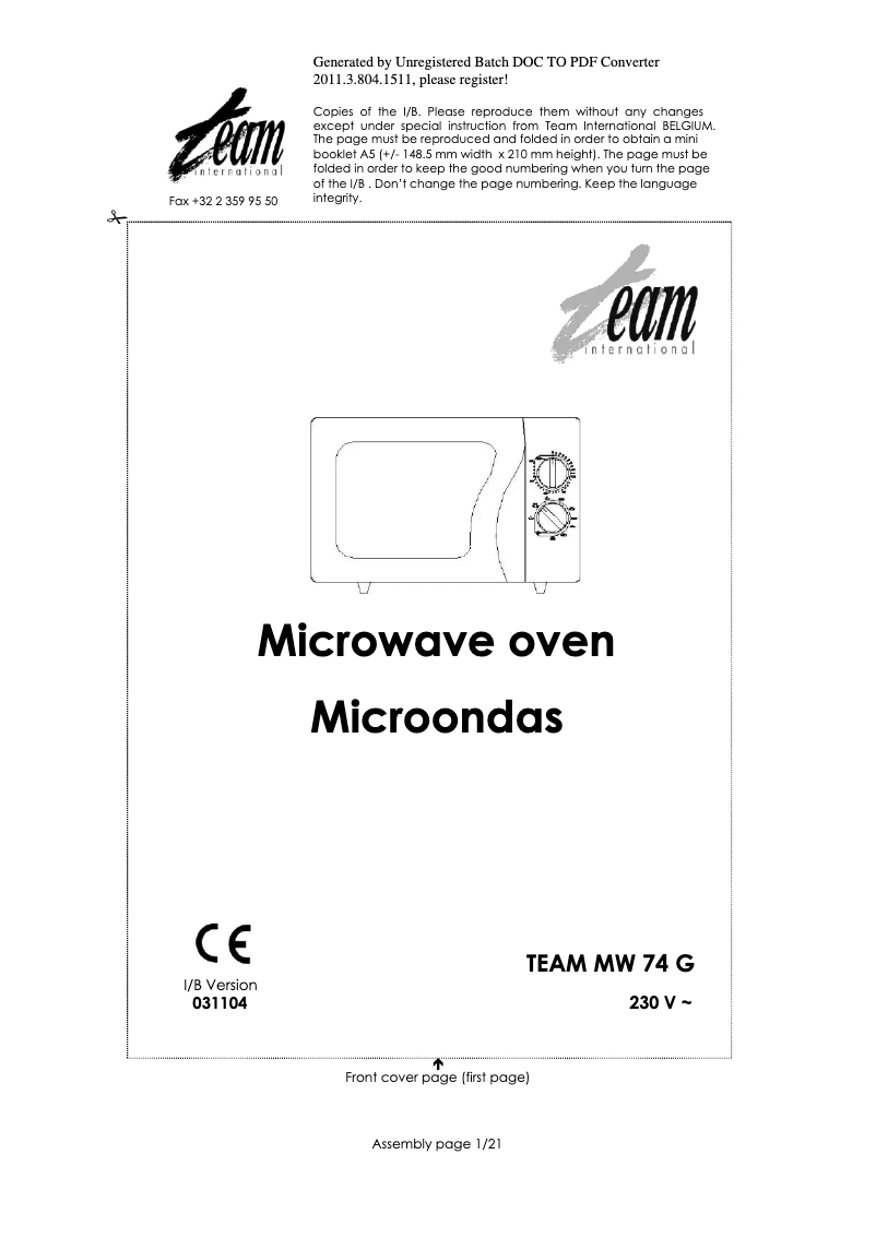 Imagen de la primera página del manual del dispositivo MW 74