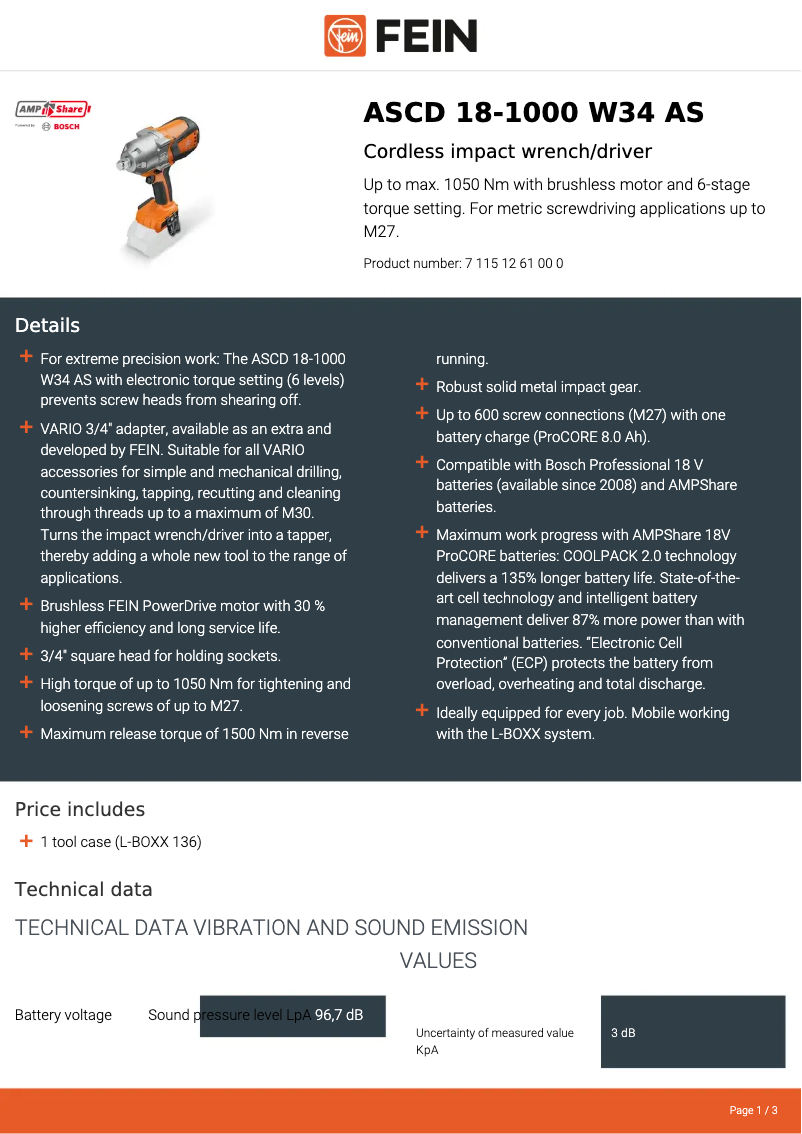 Página nº 1 - Ficha técnica Fein ASCD 18-1000 W34