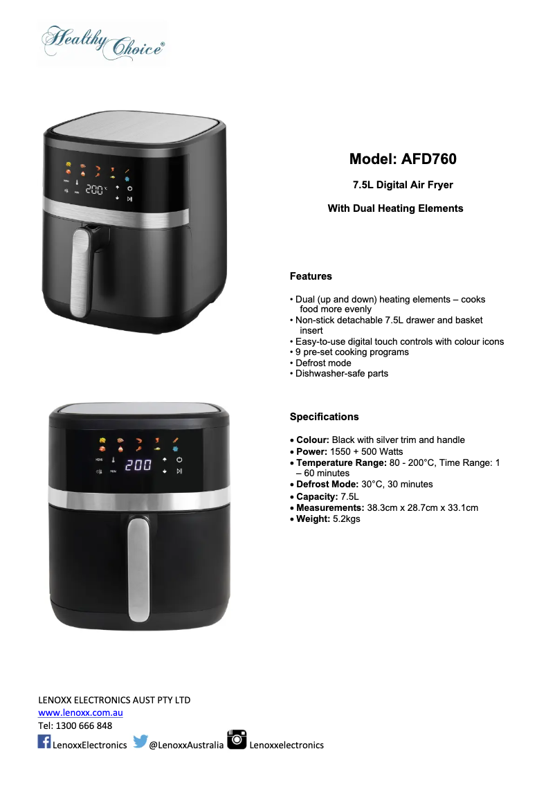 Página 1 del manual Ficha técnica Healthy Choice AFD760