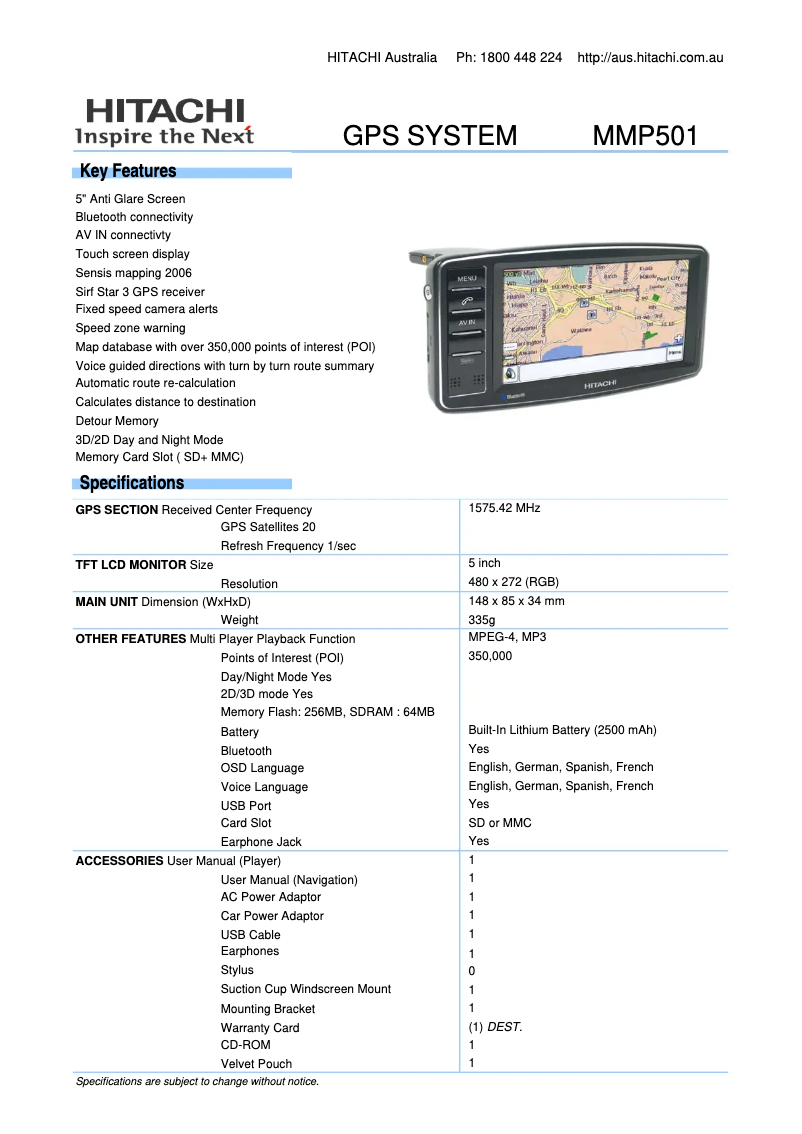 Página 1 del manual Ficha técnica Hitachi MMP501