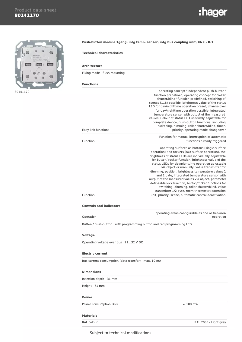 Página 1 del manual Ficha técnica Berker 80141170