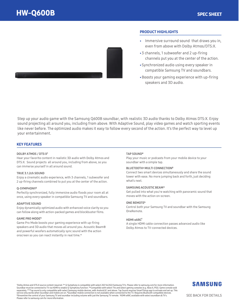 Página 1 del manual Ficha técnica Samsung HW-Q600B