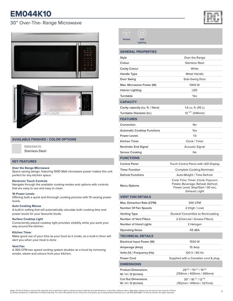Página 1 del manual Ficha técnica Porter & Charles EM044K10