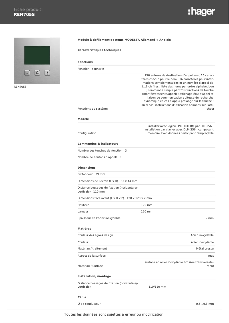 Página 1 del manual Ficha técnica Hager REN705S