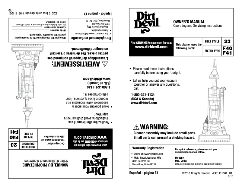 Página 1 del manual Manual de usuario Dirt Devil Ud70095 Power Reach Pet