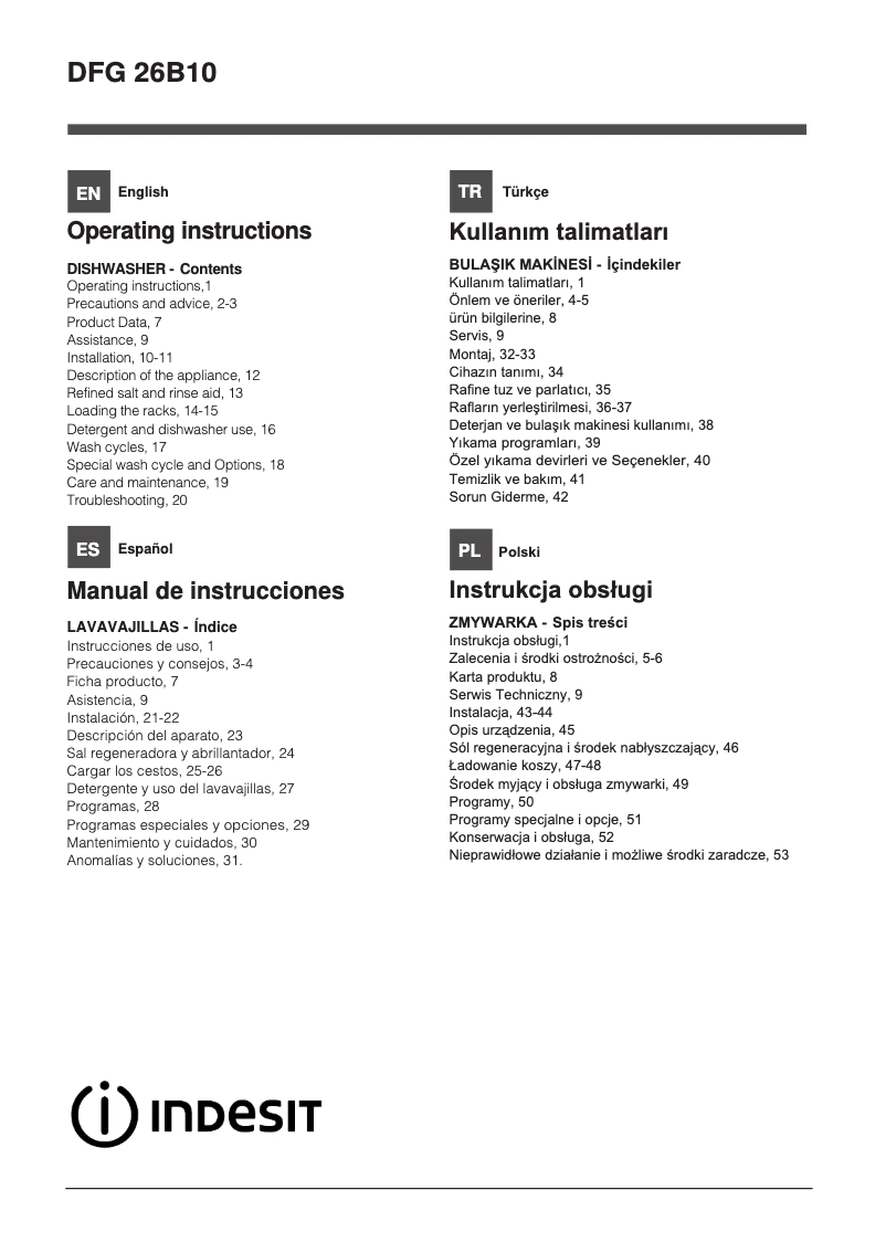 Página 1 del manual Manual de usuario Indesit DFG 26B10 NX EU