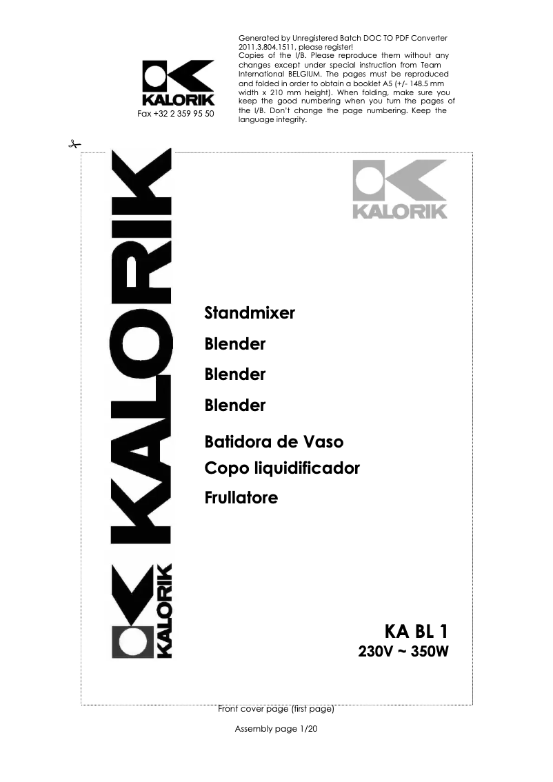 Imagen de la primera página del manual del dispositivo KA BL 1