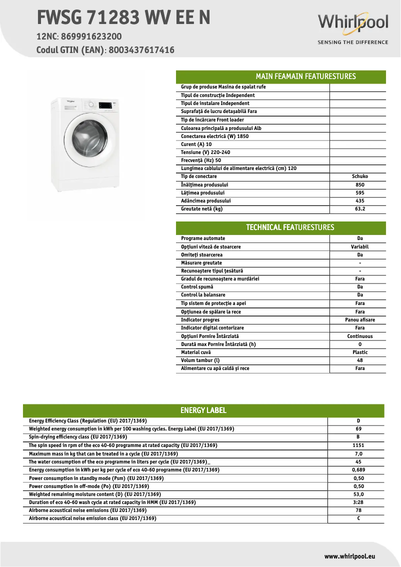 Página 1 del manual Ficha técnica Whirlpool FWSG 71283 WV EE N