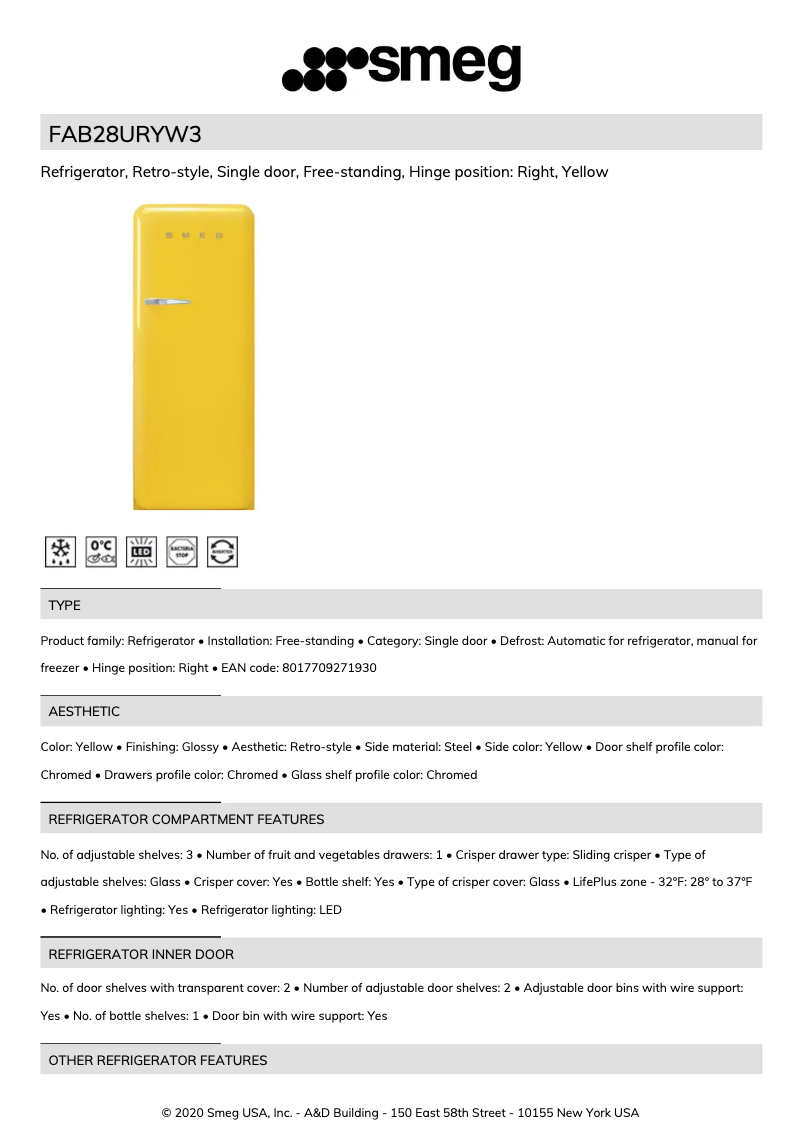 Página 1 del manual Ficha técnica Smeg FAB28URYW3
