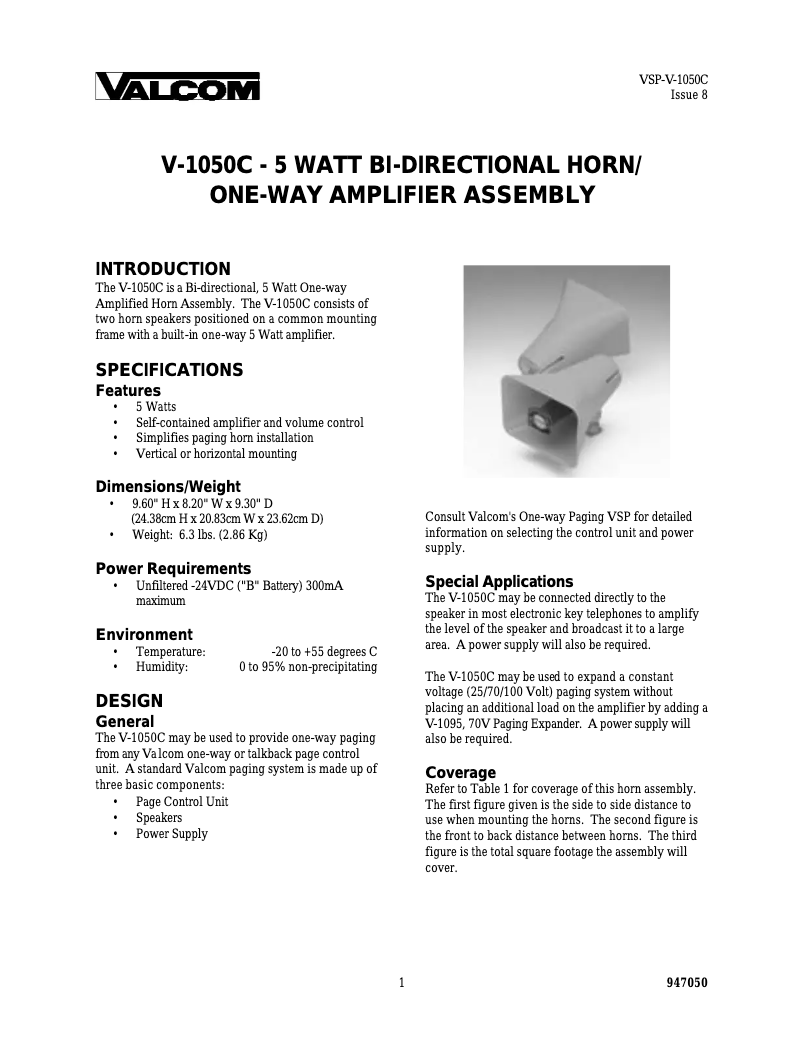 Página nº 1 - Manual de usuario Valcom V-1050C