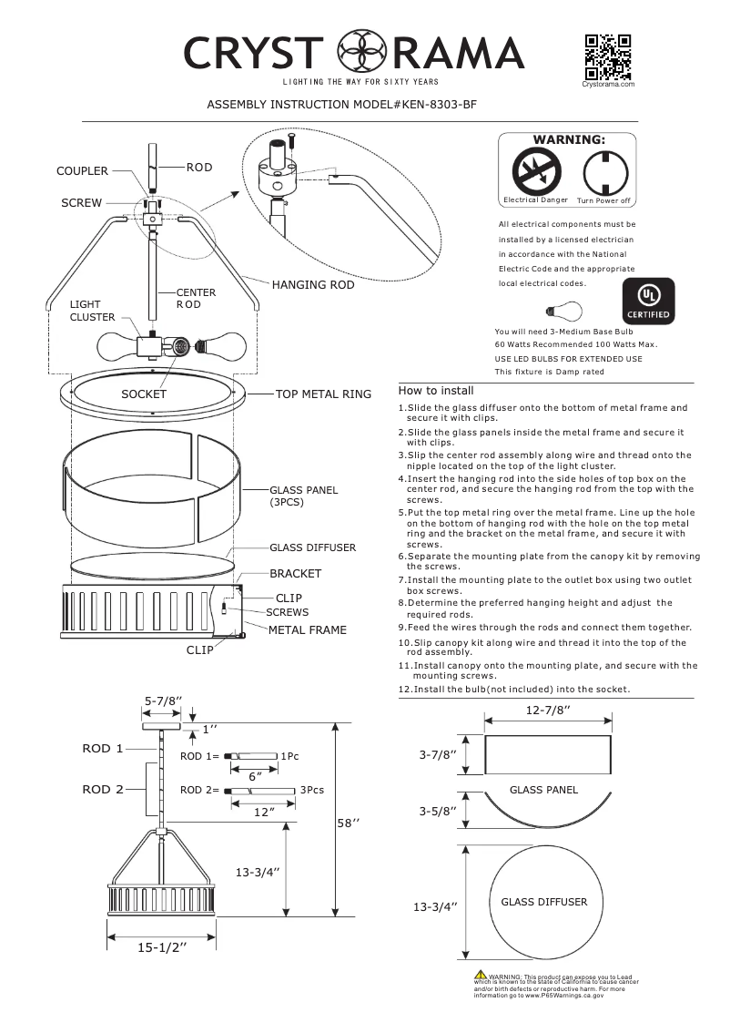 Página 1 del manual Manual de usuario Crystorama Kendal KEN-8303-BF