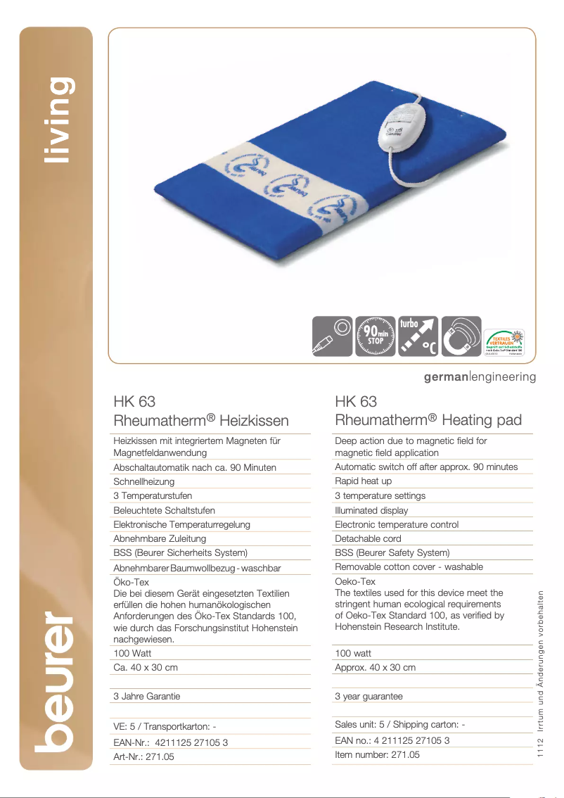 Página 1 del manual Ficha técnica Beurer HK 63