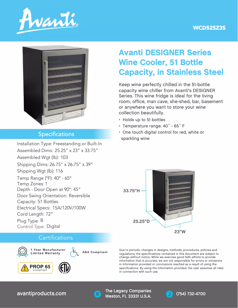 Página 1 del manual Ficha técnica Avanti WCD52SZ3S