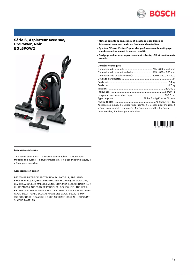 Página 1 del manual Ficha técnica Bosch BGL6POW2