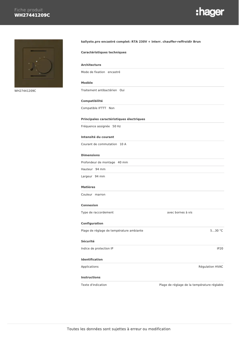 Página 1 del manual Ficha técnica Hager WH27441209C