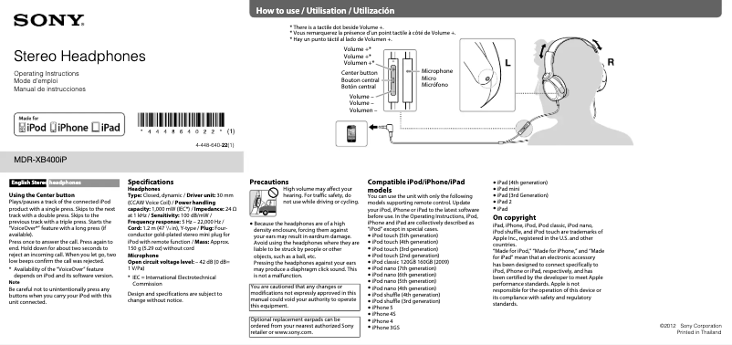 Imagen de la primera página del manual del dispositivo MDR-XB400IP