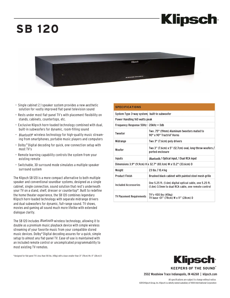 Página nº 1 - Ficha técnica Klipsch SB 120