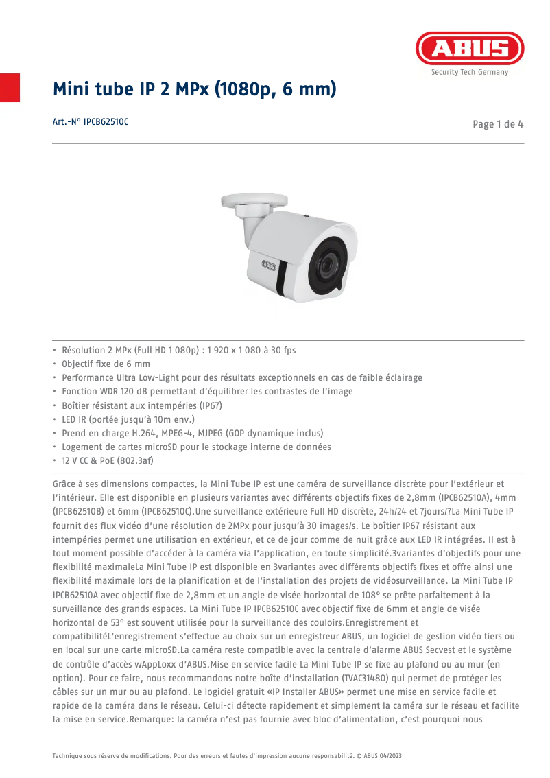 Página 1 del manual Ficha técnica Abus IPCB62510C