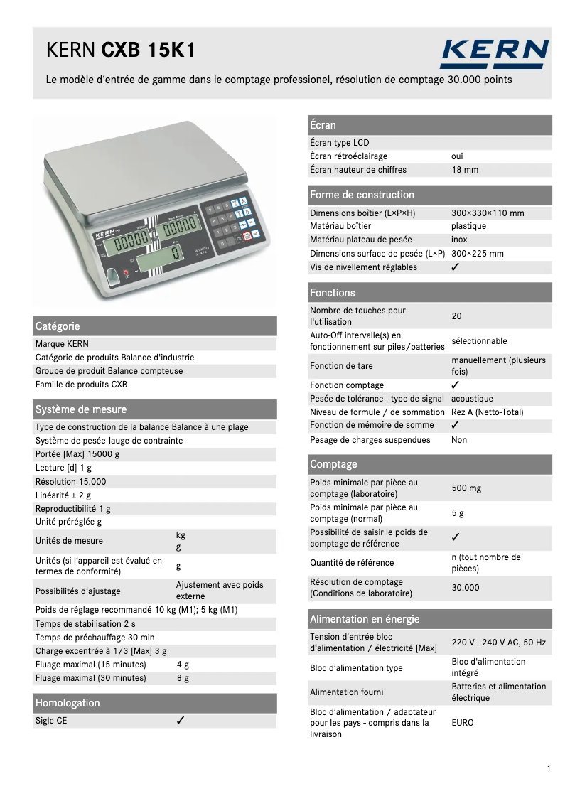Página 1 del manual Ficha técnica Kern CXB 15K1