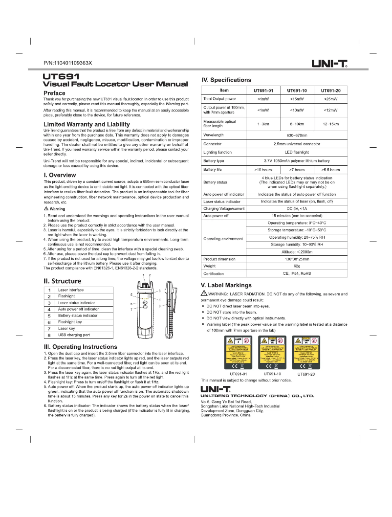 Imagen de la primera página del manual del dispositivo UT691-20
