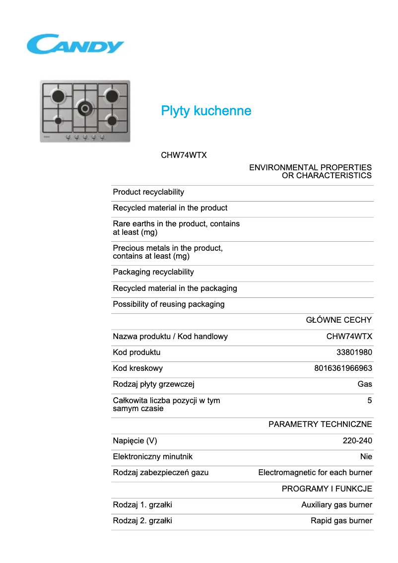 Imagen de la primera página del manual del dispositivo CHW74WTX