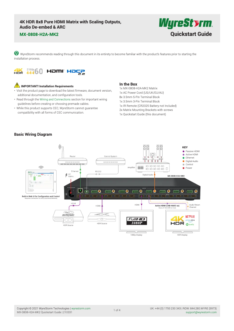 Página 1 del manual Manual de usuario WyreStorm MX-0808-H2A