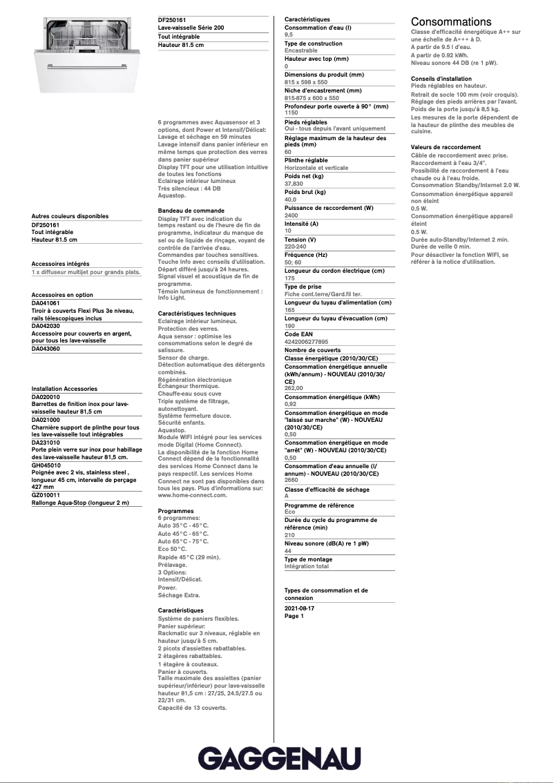 Página 1 del manual Ficha técnica Gaggenau DF250161