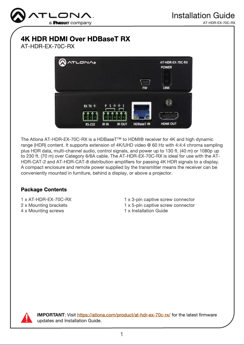 Página nº 1 - Manual de usuario Atlona AT-HDR-EX-70C-RX