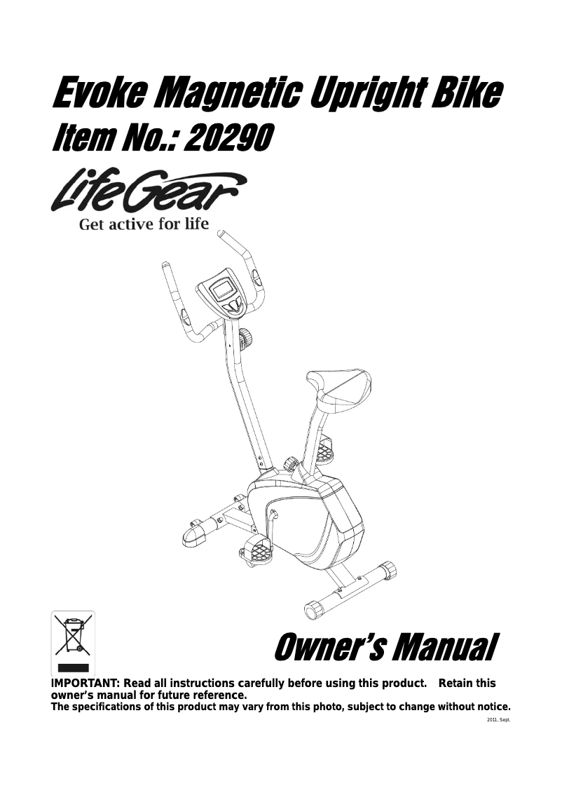 Página 1 del manual Manual de usuario Life Gear Evoke Magnetic Upright Bike 20290