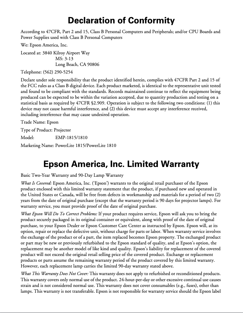 Página 1 del manual Información de garantía Epson PowerLite 1810p