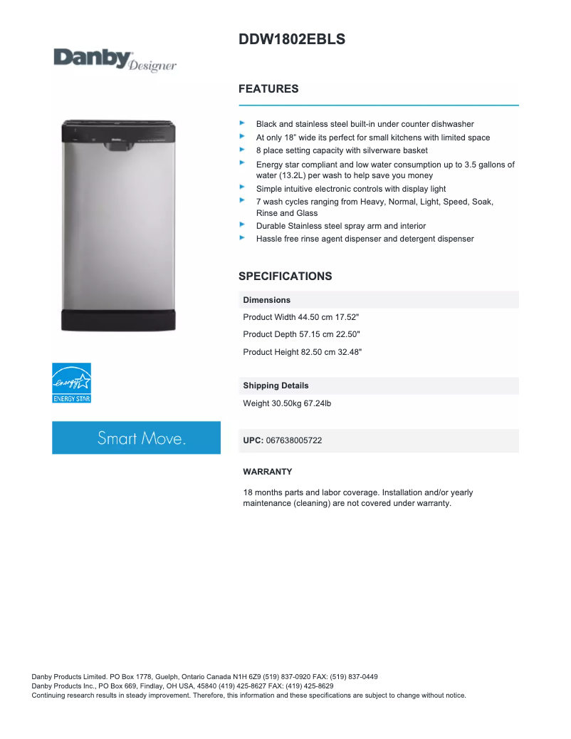 Página nº 1 - Ficha técnica Danby DDW1802