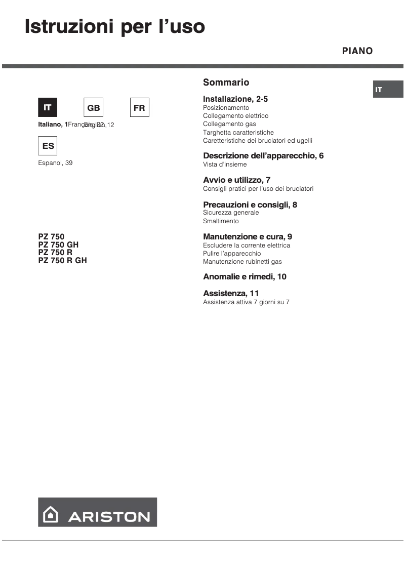 Página 1 del manual Manual de usuario Hotpoint Ariston PZ 750 R GH/HA