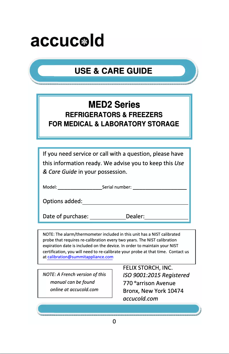 Imagen de la primera página del manual del dispositivo Accucold FFAR10MED2