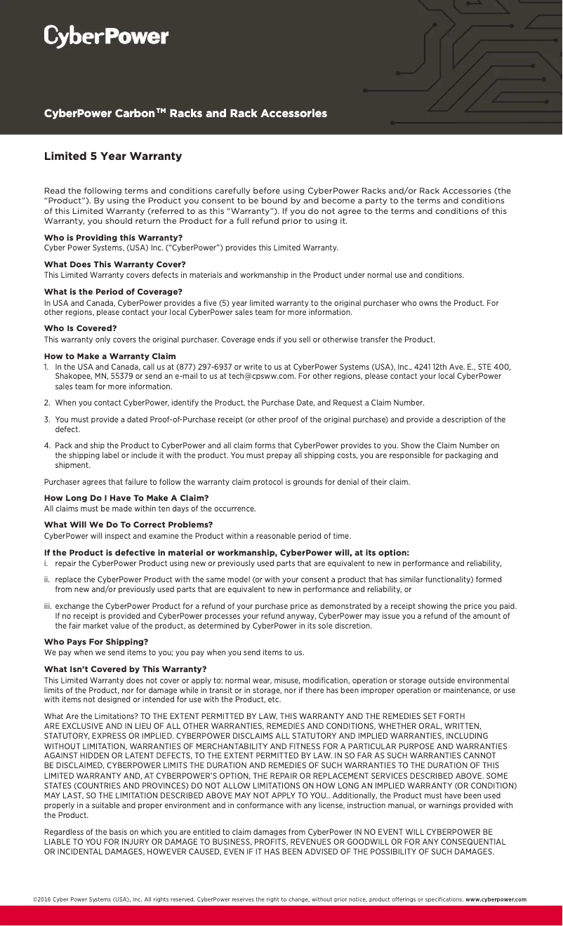 Página 1 del manual Información de garantía CyberPower CR42U11001