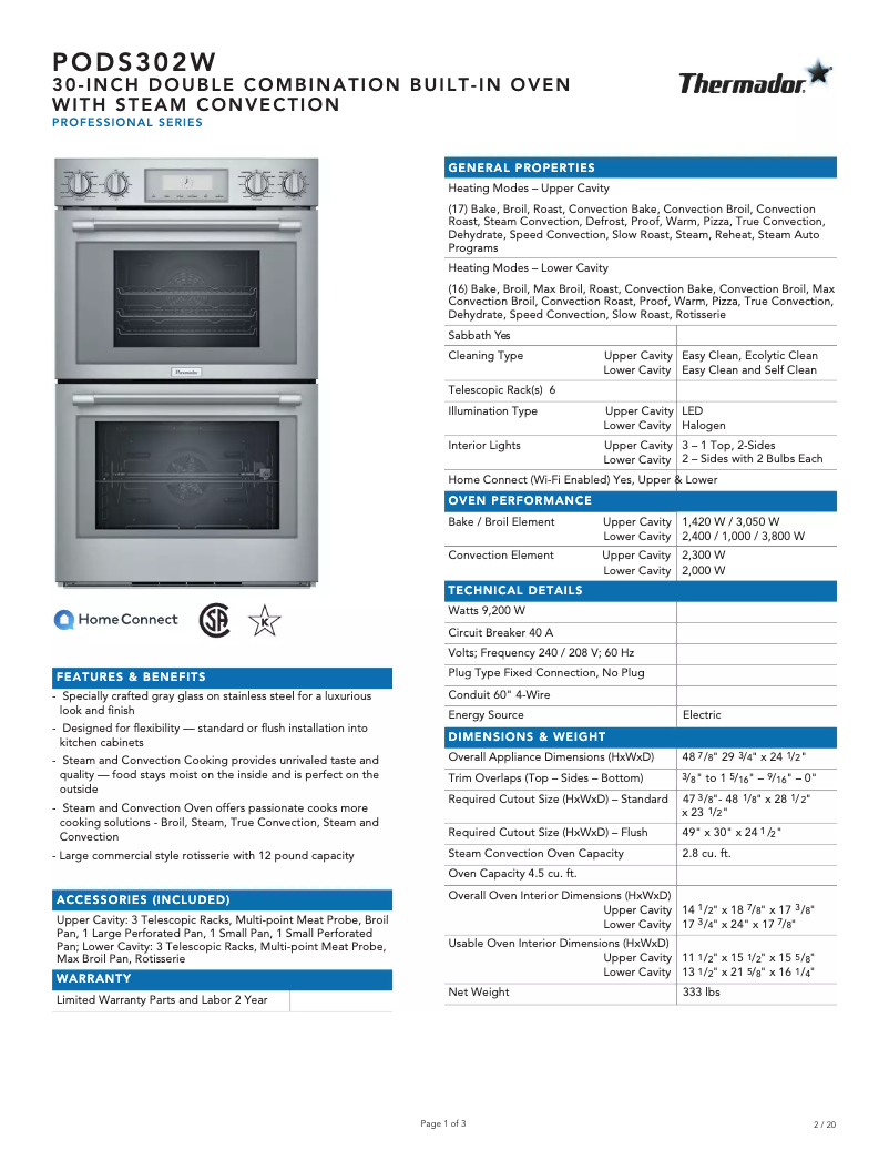 Página 1 del manual Ficha técnica Thermador PODS302W