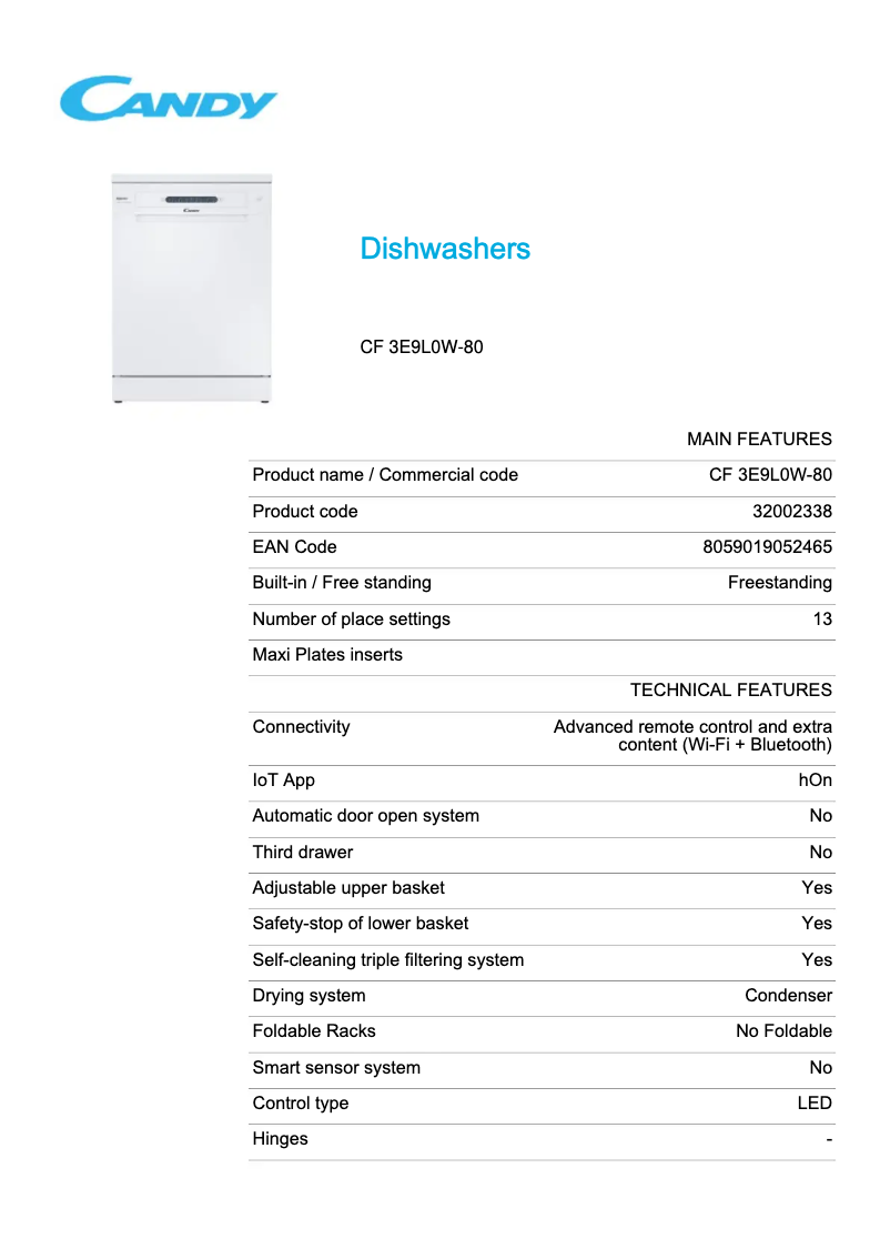 Página 1 del manual Ficha técnica Candy Rapido' CF 3E9L0W-80