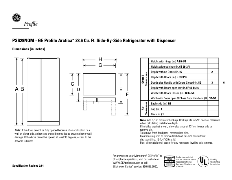 Página 1 del manual Ficha técnica GE Profile Arctica PSS29NGMWW