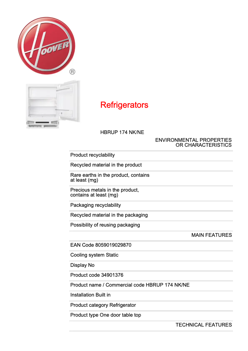 Página 1 del manual Ficha técnica Hoover HBRUP 174 NK/NE
