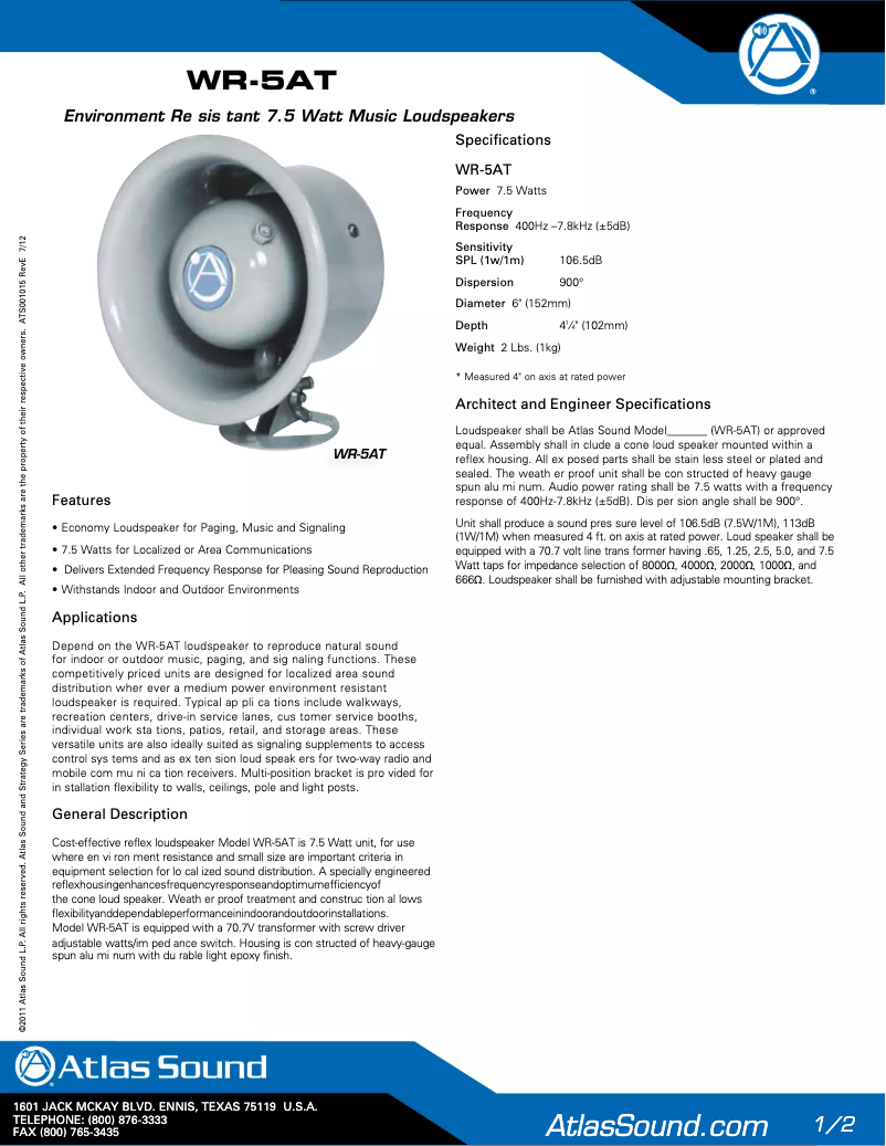 Página 1 del manual Manual de usuario Atlas Sound WR-5AT