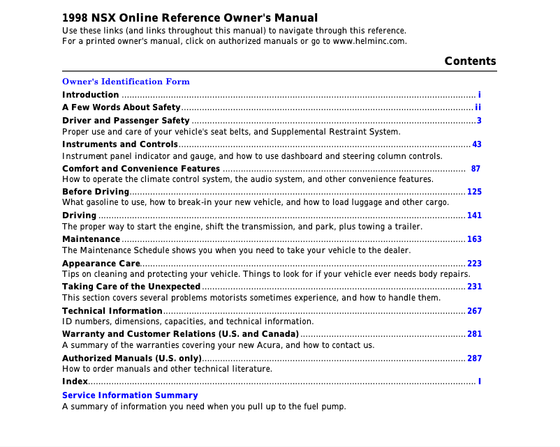 Página 1 del manual Manual de usuario Acura NSX (1998)