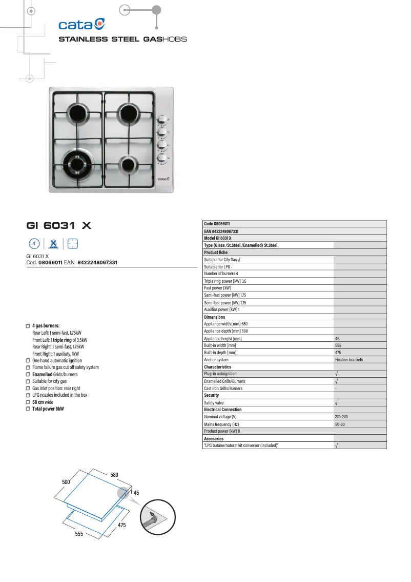 Página 1 del manual Ficha técnica CATA GI 6031 X