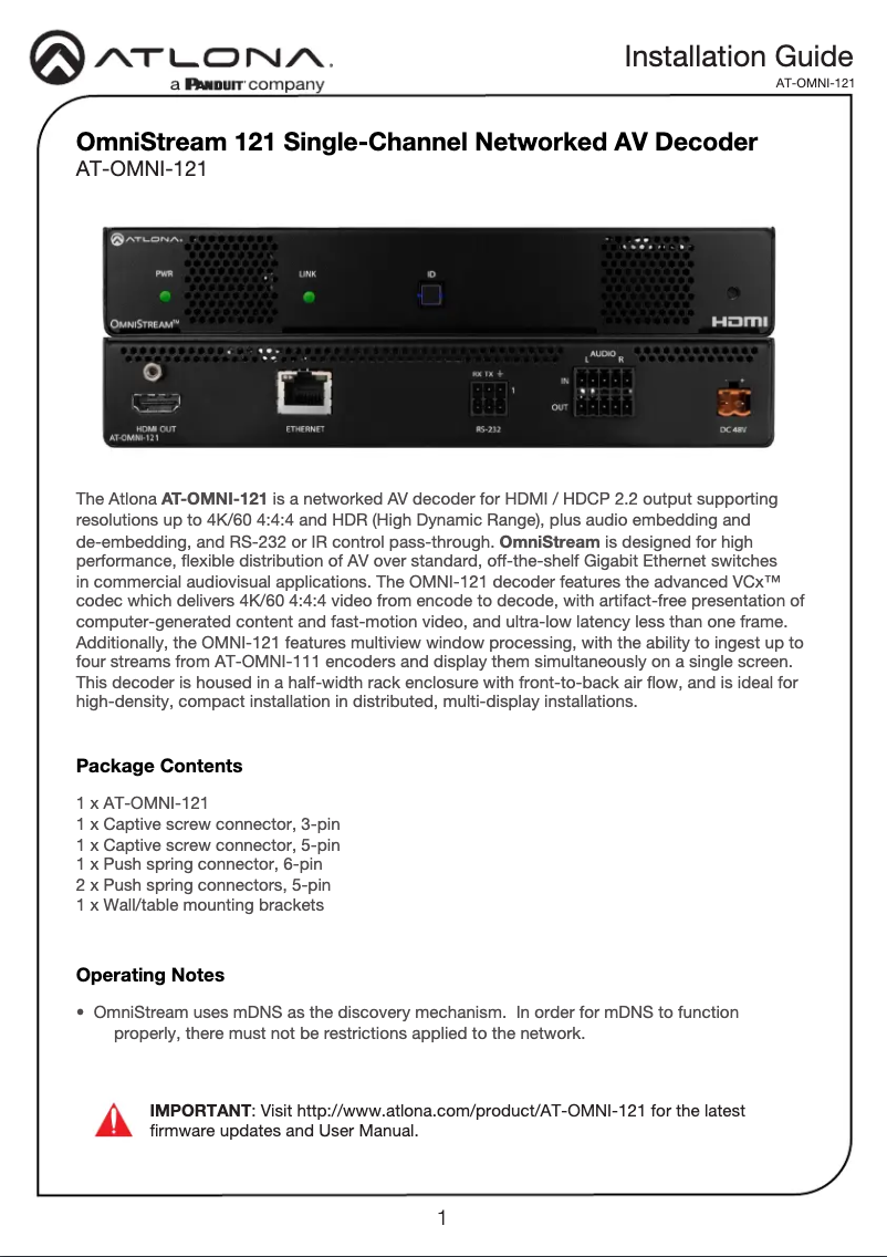 Imagen de la primera página del manual del dispositivo AT-OMNI-121