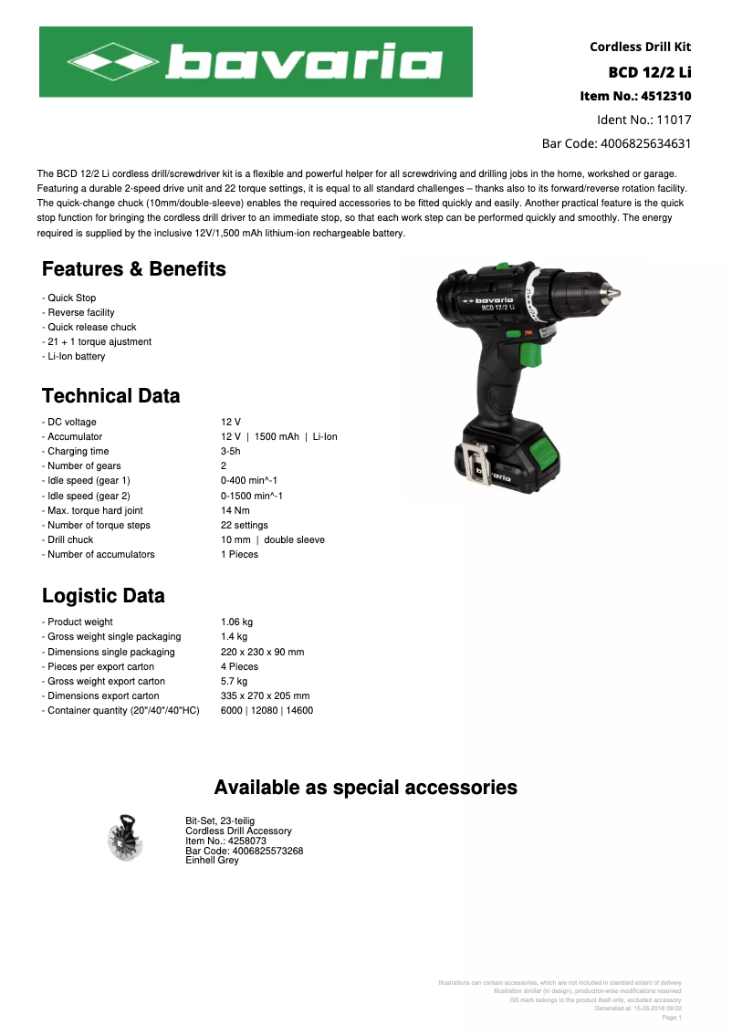 Página 1 del manual Ficha técnica Bavaria BCD 12/2 Li